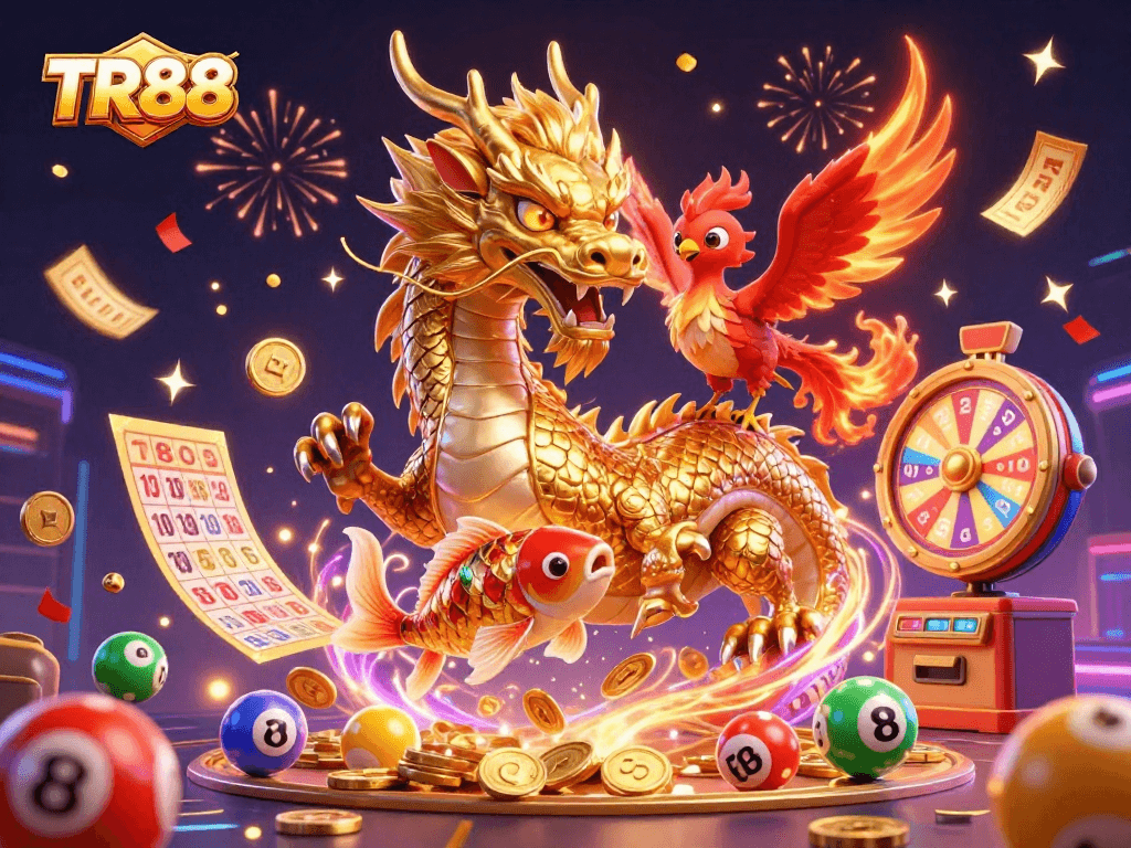 Experience the excitement of TR88 with a dynamic, colorful illustration showcasing golden dragon, phoenix, and koi fish.