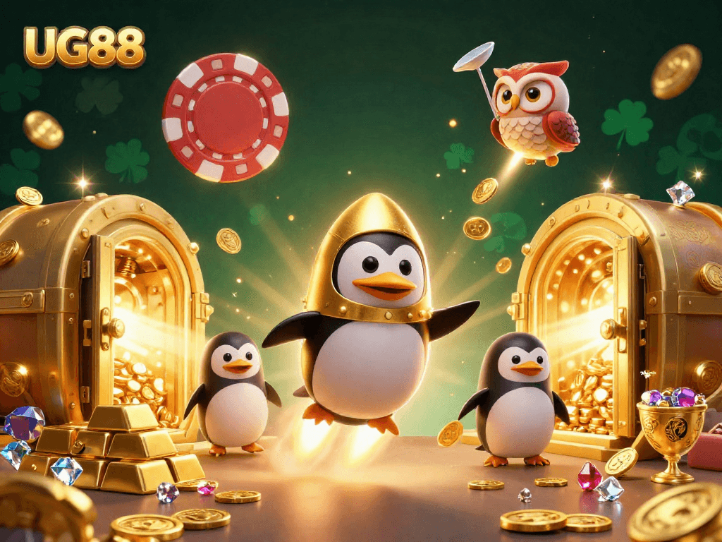 Experience the thrill of UG88 with a golden penguin soaring towards riches in this vibrant casino scene.