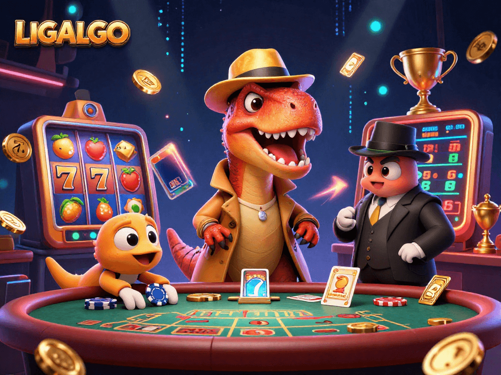 LIGALGO casino scene with a velociraptor card counter and a suspicious stegosaurus pit boss among spinning jackpot reels.