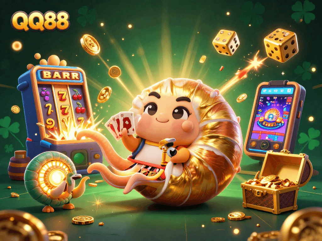 Experience thrilling gameplay at QQ88 with a stunning 3D casino illustration showcasing vibrant games and jackpot excitement.