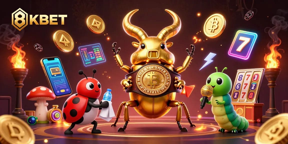 Experience the thrill of 8KBET with a dynamic illustration featuring unique gambling characters and crypto elements.