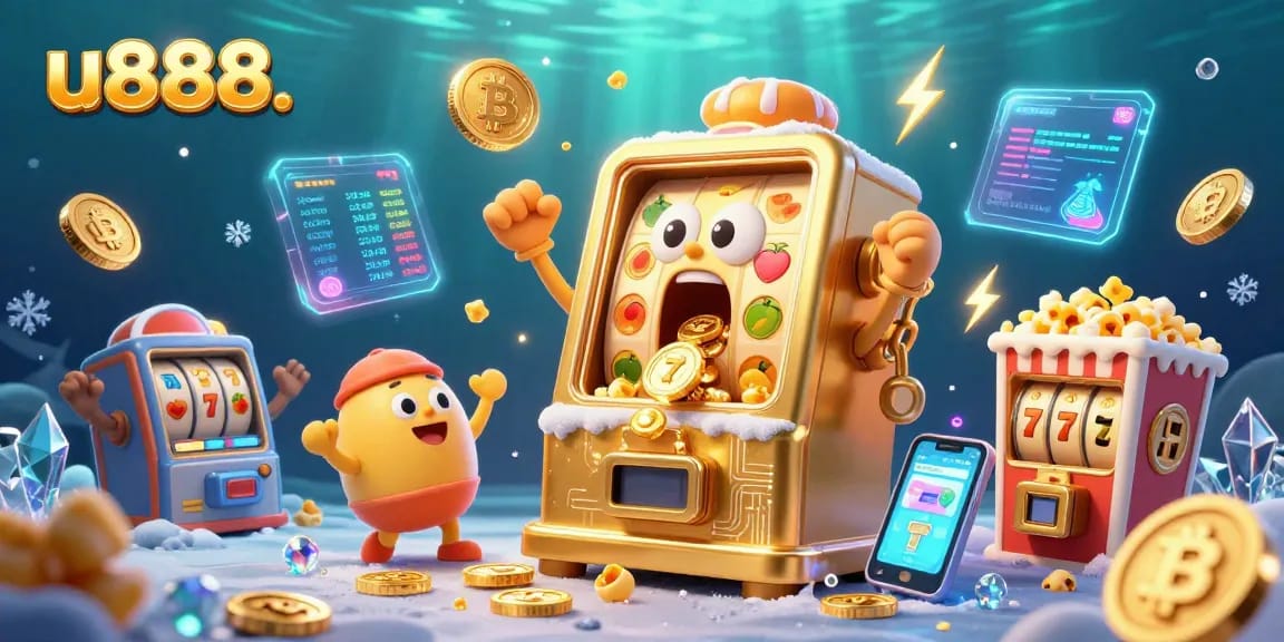Celebrate your winnings at u888 with our vibrant slots scene featuring animated characters, jackpots, and crypto elements.