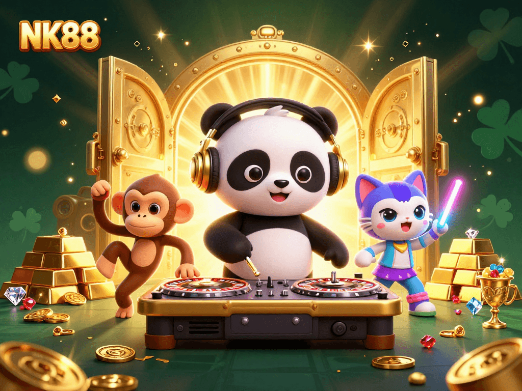 Spin the wheels at NK88 with DJ panda, while gems and treasures bring excitement to the casino scene.