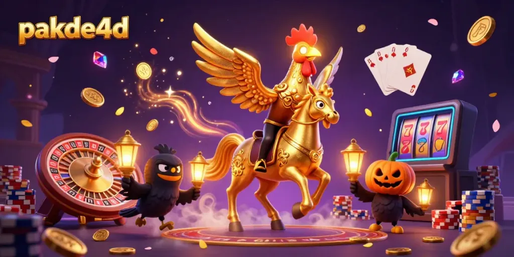 Experience dynamic casino action with pakde4d featuring a cartoon golden rooster and glowing head in a bustling midnight scene.