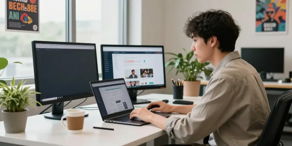 Youthful entrepreneur discussing peh888 in a stylish workspace with modern technology.