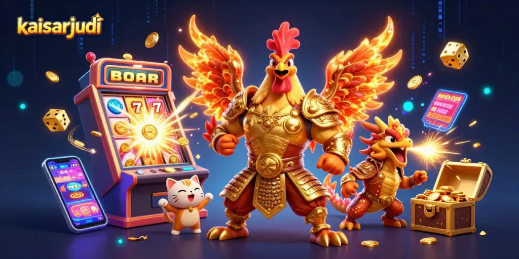 Kaisarjudi showcases an action-packed scene with a rooster warrior, dragon hatchling, and fortune cat amidst exploding jackpots.