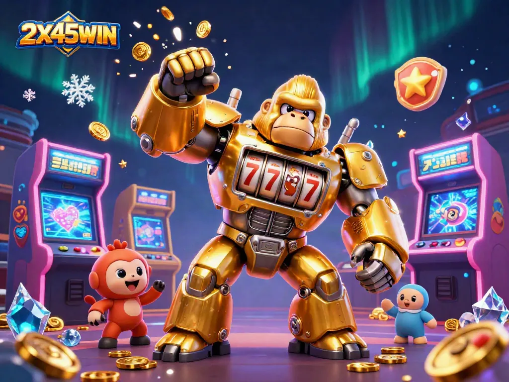2X45WIN mengalahkan mesin slot dengan gorila emas dan banyak elemen kasino yang bersinar.