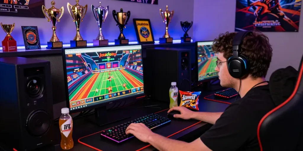 Seorang pemain jagototo fokus di depan layar komputer dengan jackpot online, suasana gaming yang dinamis dan menarik.