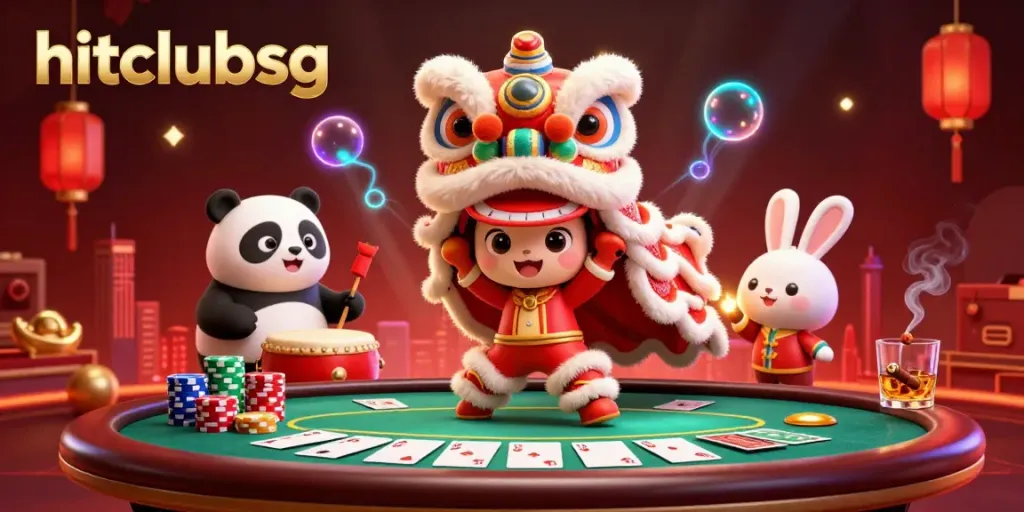 Hitclubsg's festive lion dance scene packs poker elements, creating vibrant casino excitement.