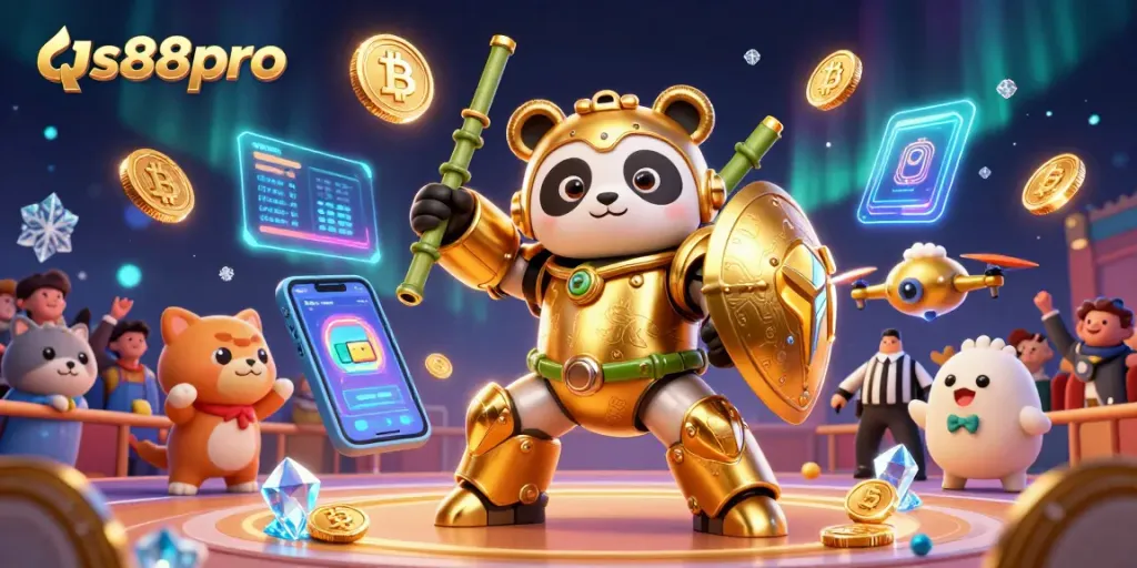 Engage with qs88pro offers in a vibrant casino scene featuring crypto elements, lively characters, and exciting gameplay.