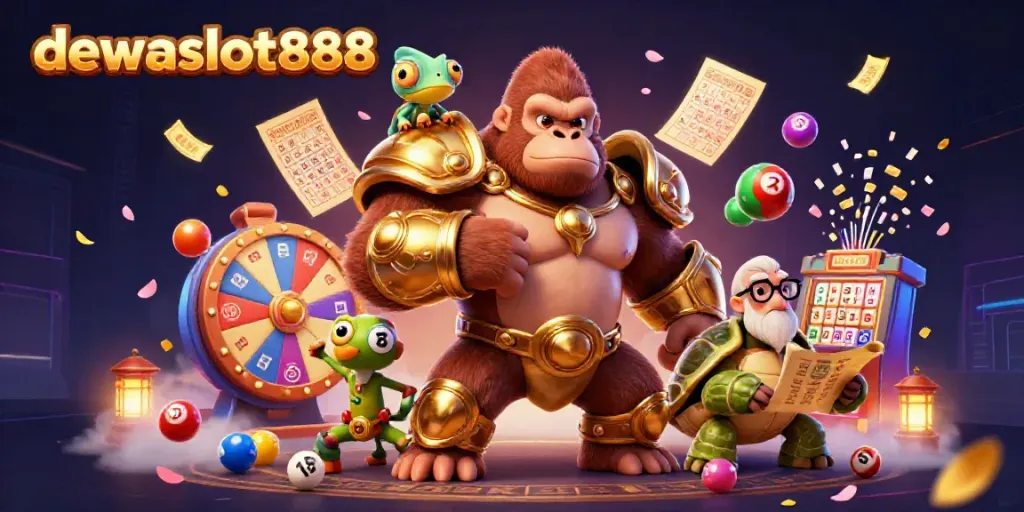 Menang di dewataslot888 dengan gorila raja berarmor emas dan teman kadal yang berubah warna.