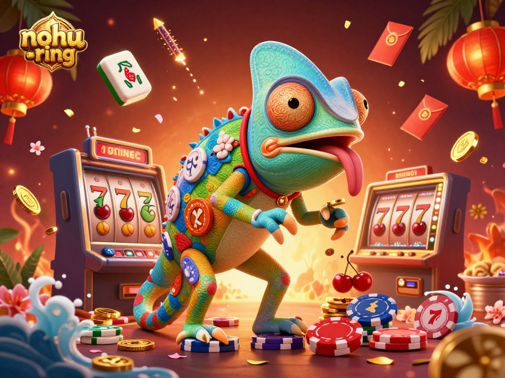 Nohu-ring players spin slots with vibrant visuals and engaging gameplay, featuring colorful chameleon and dynamic elements.