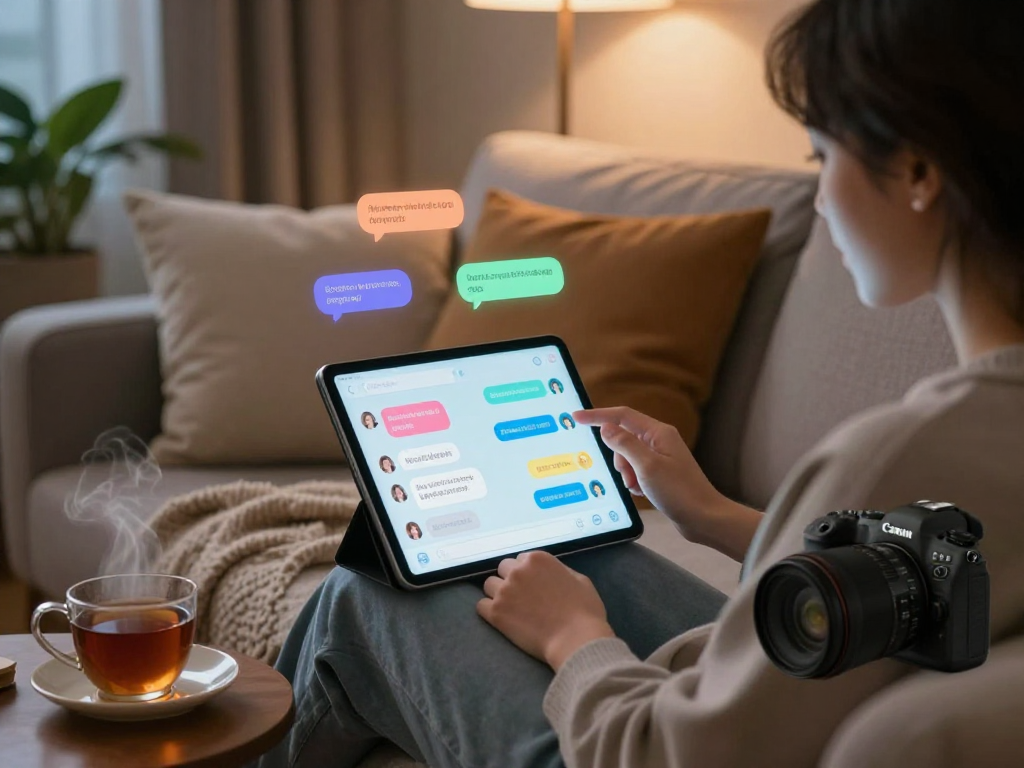 Engaging in ai porn chat with a visually interactive AI interface in a cozy, inviting atmosphere.