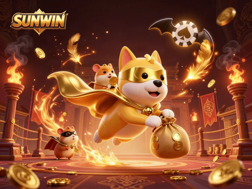 SUNWIN superhero dog and sidekick hamster promoting online gaming excitement.