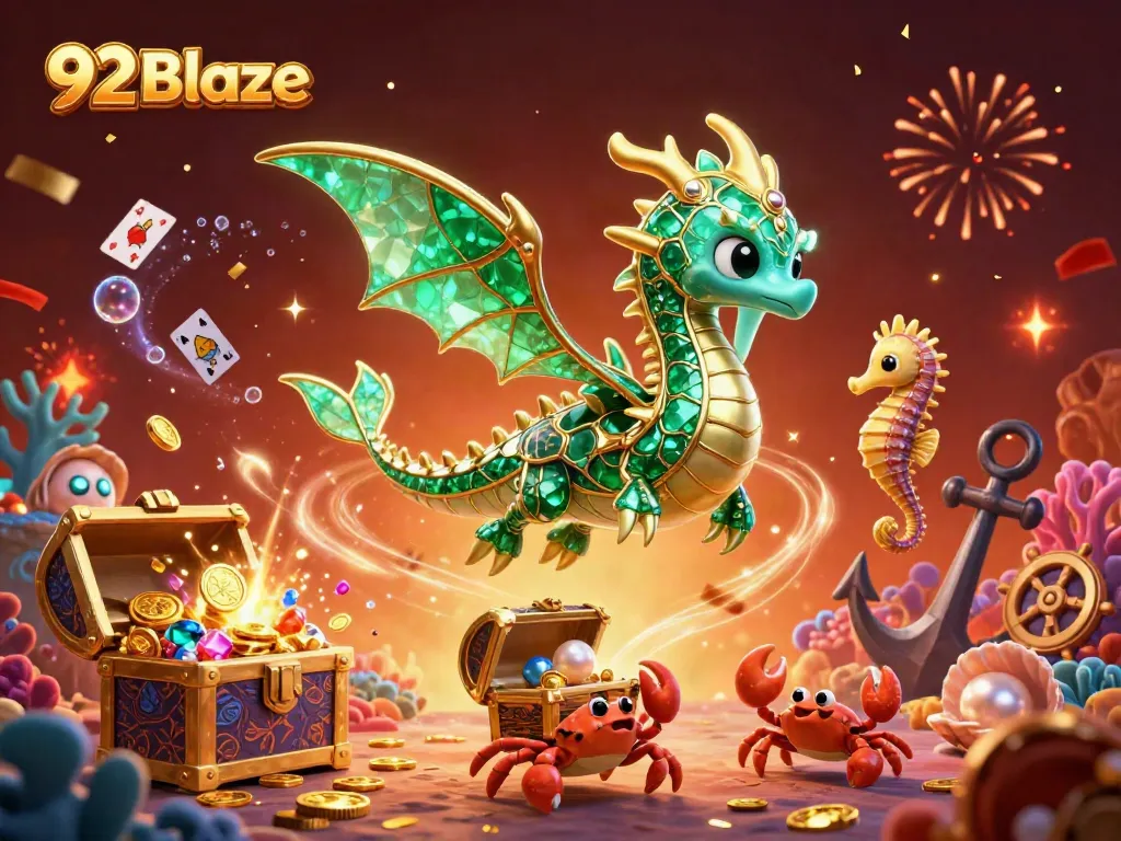 Immerse in the vibrant world of 92 Blaze with a dazzling underwater scene featuring a leafy sea dragon and treasure chests.