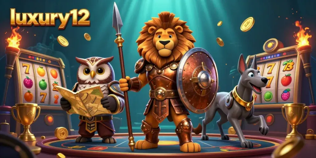 Experience excitement at luxury12 with a dynamic scene of heroic casino characters and vibrant slot elements.
