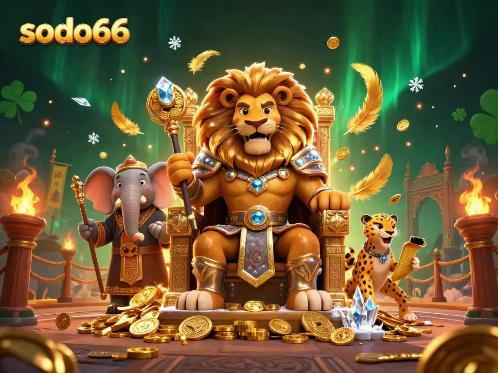 Sodo66 royal casino illustration featuring a lion king on a gold throne, with vibrant gaming elements.