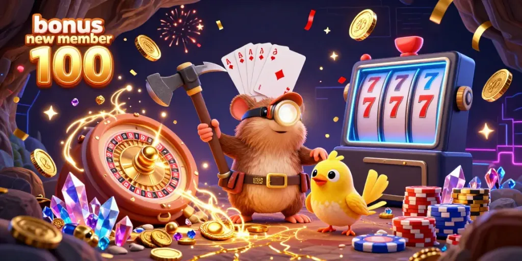 Engage in thrilling gaming action with the bonus new member 100 in a vibrant casino atmosphere featuring a treasure hunter mole and coins.