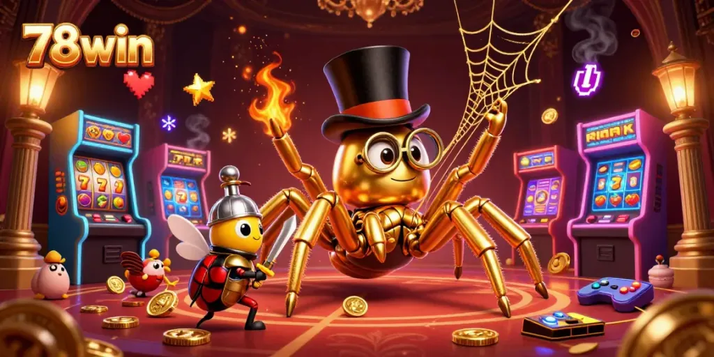 Immerse yourself in 78win's vibrant casino world with a golden tarantula and adventurous beetle knight amidst colorful slot reels.