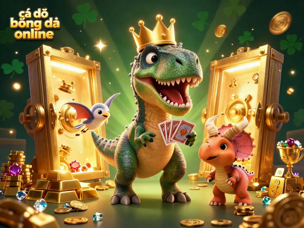 Engage in cá độ bóng đá online with a vibrant scene of a T-Rex shuffling cards and dynamic gaming elements.