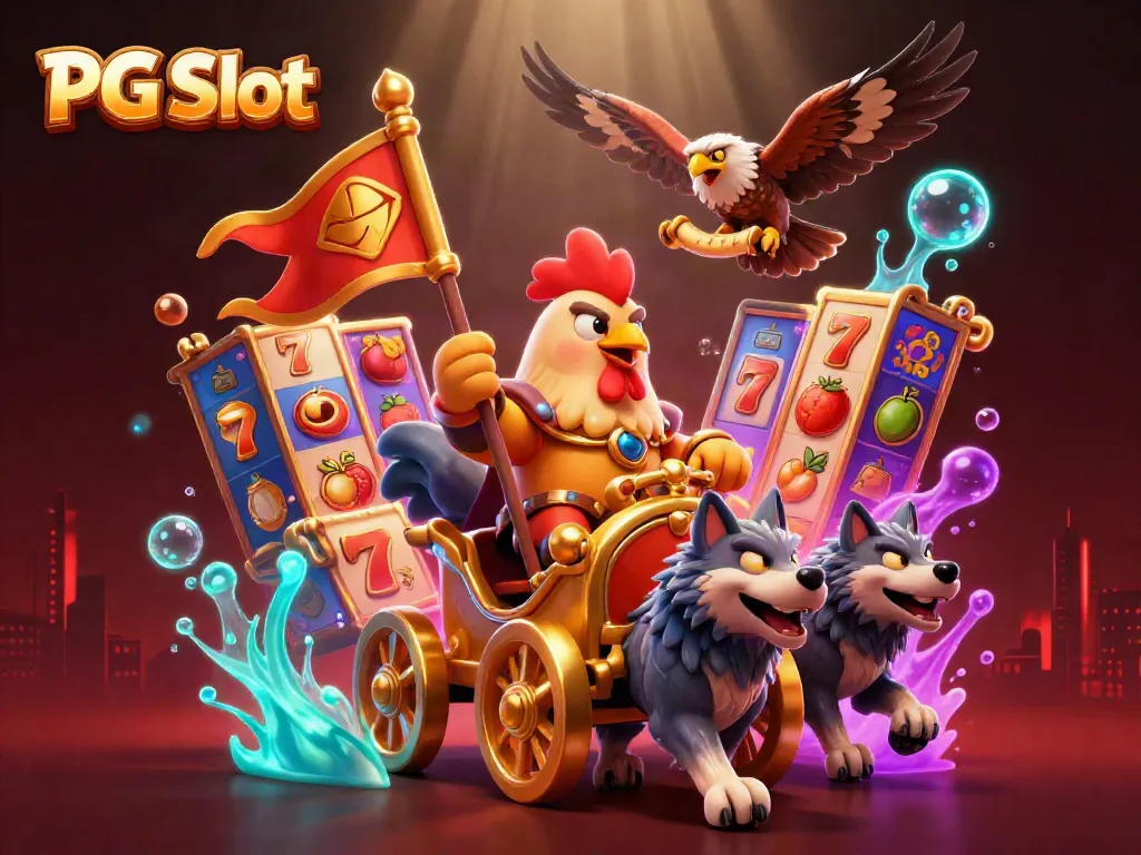 Permainan PG Slot dalam ilustrasi 3D yang menarik dengan elemen mesin slot dan suasana kasino.