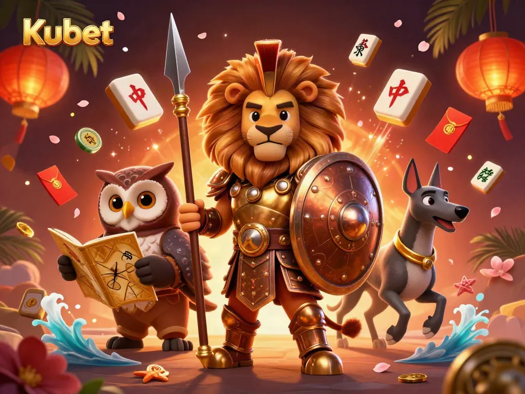 Kubet-themed 3D illustration showcasing a Spartan lion, tactical owl, and greyhound amidst vibrant gaming elements.