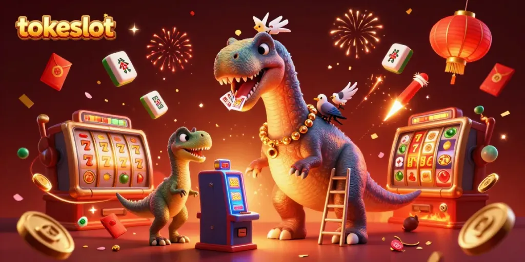 TokeSlot platform featuring a whimsical dinosaur and raptor in a vibrant casino scene.