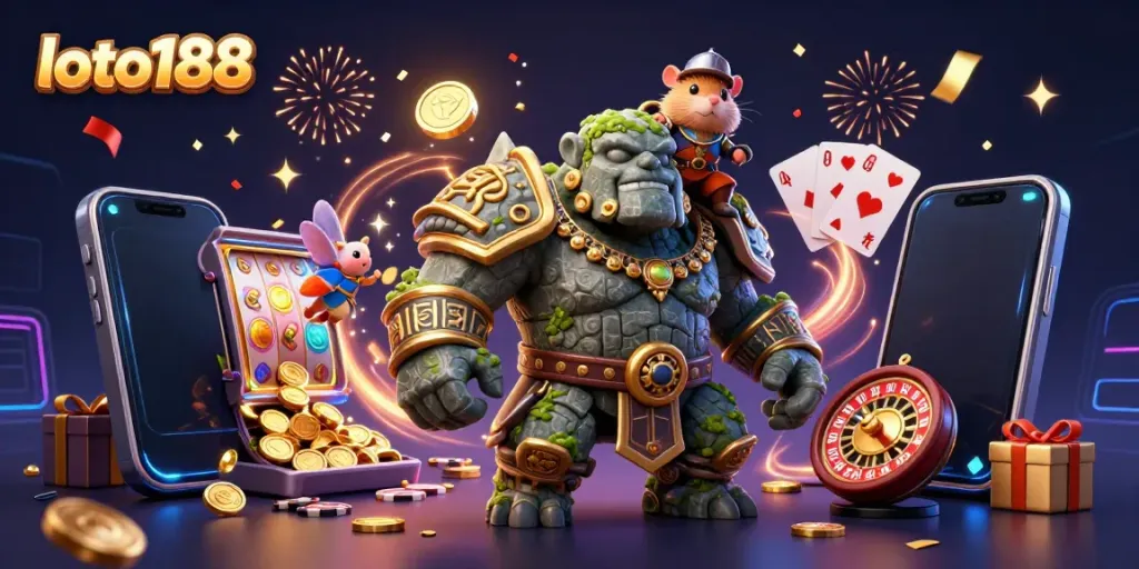 Experience the thrill of loto188 with vibrant casino elements and dynamic characters in action.