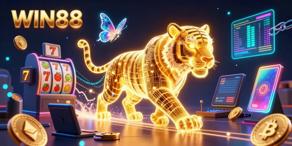 Experience the thrilling WIN88 digital casino scene with a glowing tiger and vibrant gaming elements.