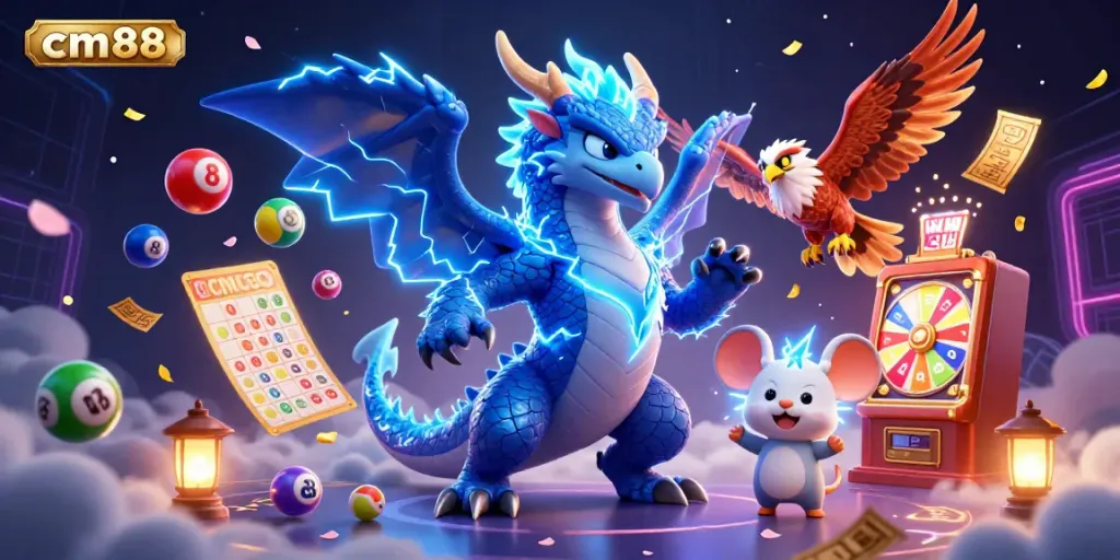 Engage with cm88's electrifying casino adventures featuring vibrant characters and dynamic lottery elements.