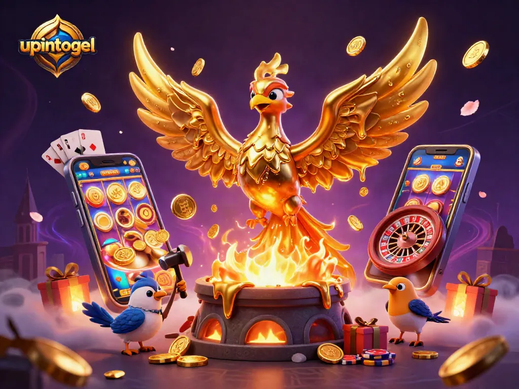 Menang di upintogel dengan ilustrasi kasino mengagumkan yang menampilkan phoenix emas dan permainan slot.