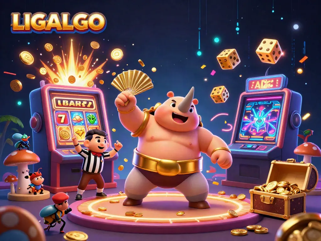 LIGALGO illustration featuring a rhinoceros beetle champion amidst flying coins and slot symbols, enhancing the casino experience.