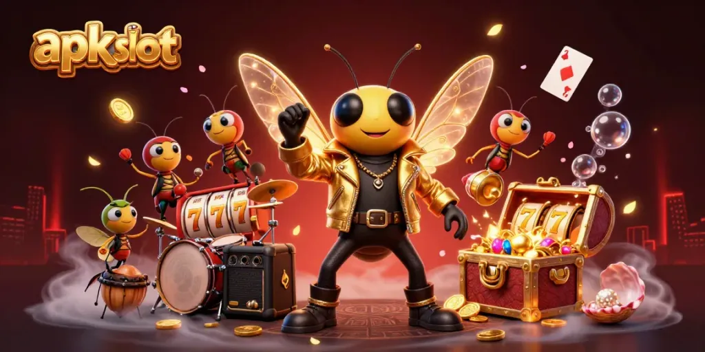 Engage in apk slot excitement with a vibrant 3D casino scene featuring cartoon characters and dynamic game elements.