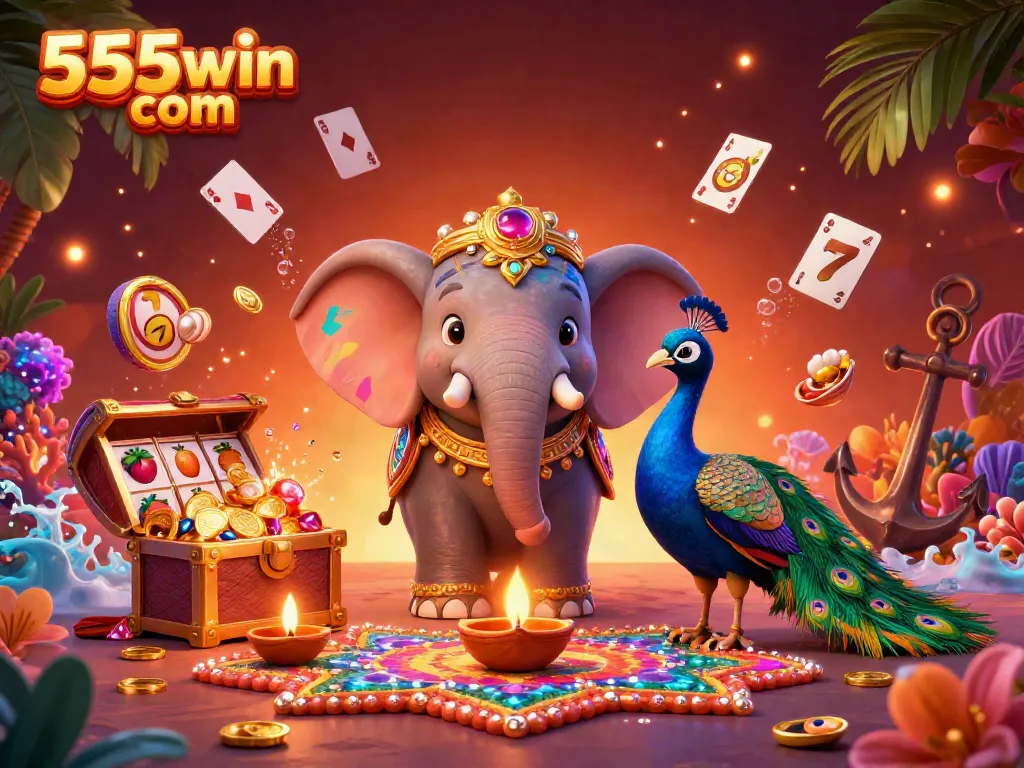 Experience the excitement with 555win com's vibrant 3D illustration showcasing a Diwali-themed casino scene.