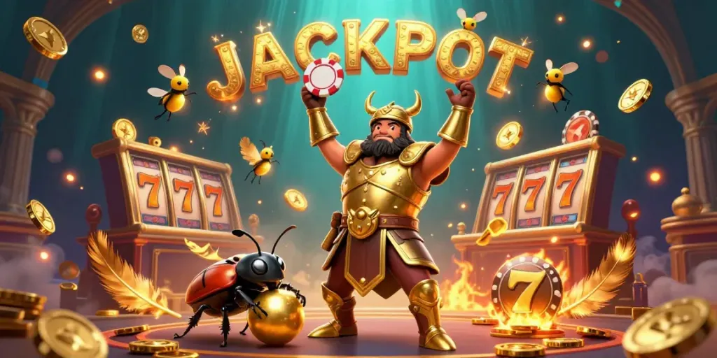 Celebrate wins with GEGESLOT in this vibrant 3D casino scene filled with excitement.