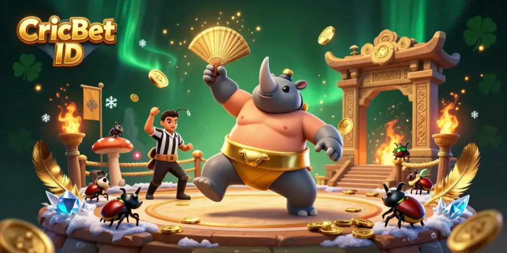CricBet ID sports betting action featuring a 3D rhinoceros beetle champion and cricket referee amidst vibrant coin scattering.