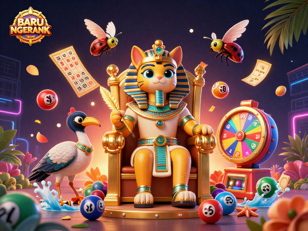 Engage with BARU NGERANK featuring a dynamic casino scene of a Pharaoh cat and scribe amidst lottery excitement.