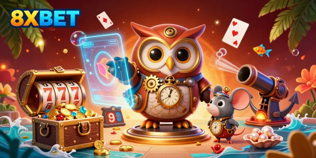Experience the vibrant world of 8XBET with a steampunk owl and unique casino elements.