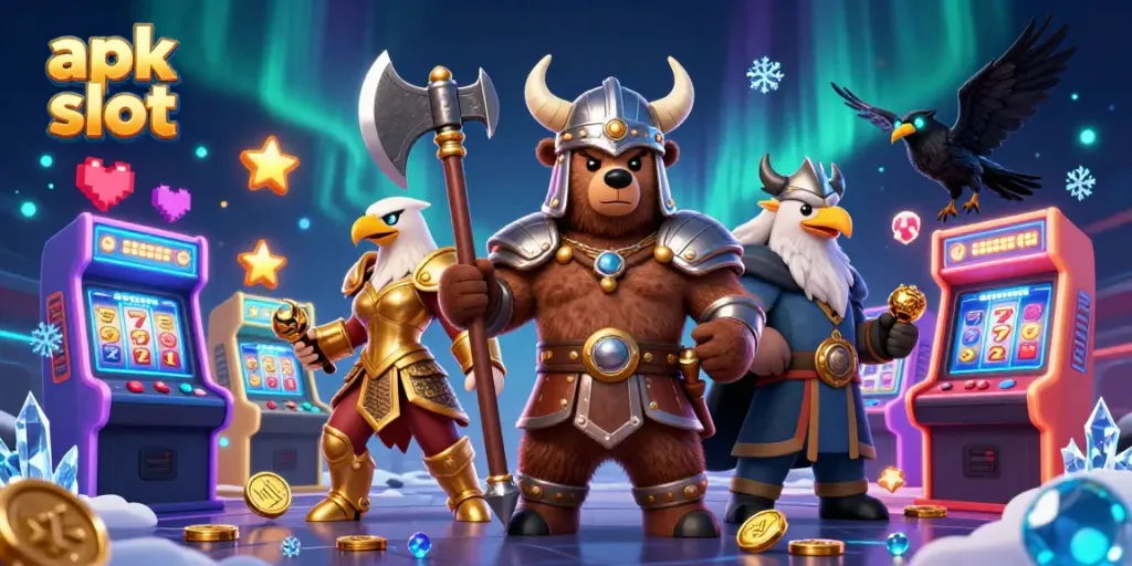 Win big with apk slot in a vibrant 3D casino scene featuring a Viking bear and Valkyrie eagle.