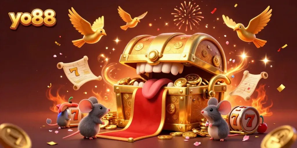 Experience exciting wins with yo88 as playful characters and vibrant casino elements surround a treasure chest.