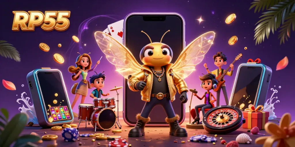 Experience the thrill of RP55 with a vibrant 3D illustration showcasing a rock star cicada and a beetle drummer in a dynamic casino environment.