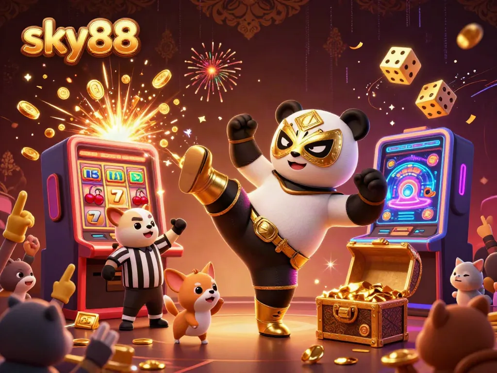 Experience the excitement of sky88 with a vibrant casino scene featuring a wrestling panda and dynamic game elements.