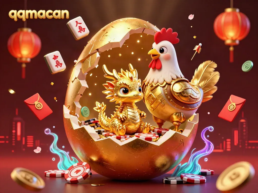 Experience the excitement of qqmacan's 3D colorful casino world with a golden dragon and poker chips.