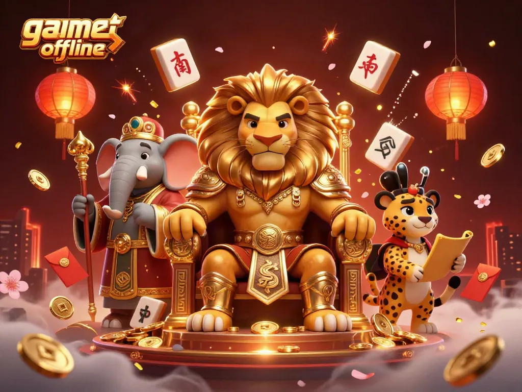 Ilustrasi 3D kasino yang detail, dengan raja singa dan elemen permainan strategi offline.