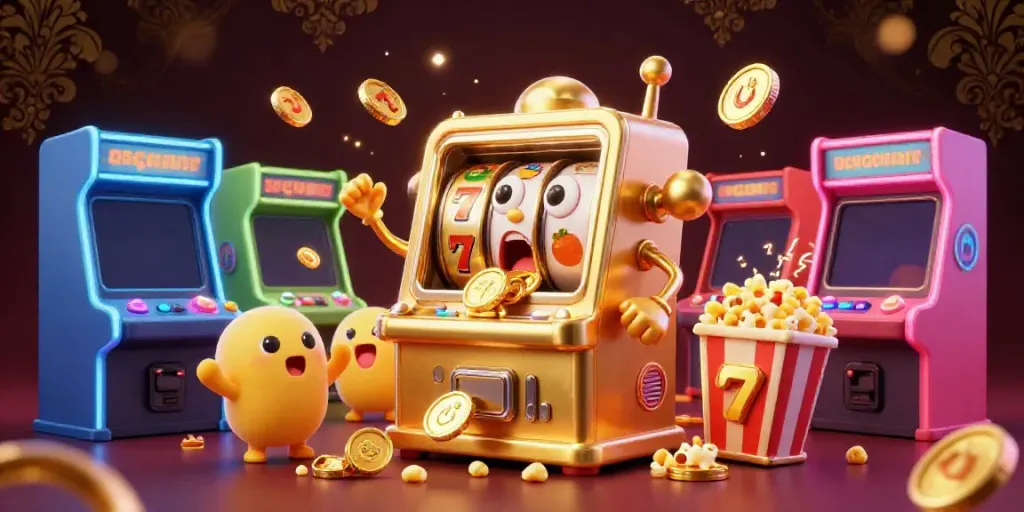 Permainan situs slot dengan mesin slot emas dan koin jatuh, simbol keberuntungan, simbol buah.