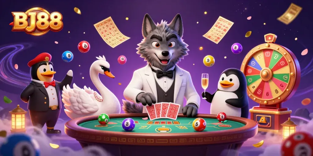 BJ88 casino scene featuring a debonair wolf, elegant swan, and sophisticated penguin with vibrant game elements