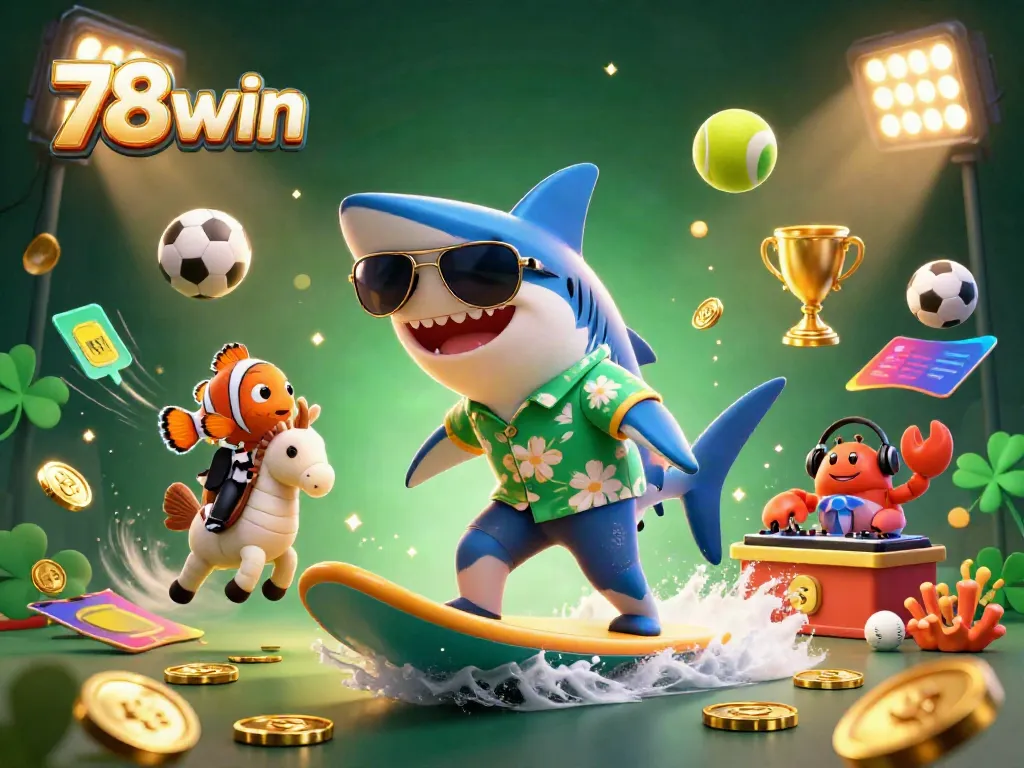 Experience the thrill of 78win with a vibrant 3D illustration of a shark, clownfish, and crab among gaming elements.