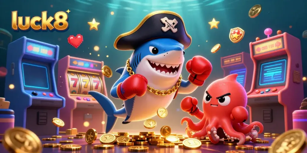 Engage with luck8's vibrant casino scene featuring a playful shark, pufferfish, and octopus amidst slot reels and arcade games.