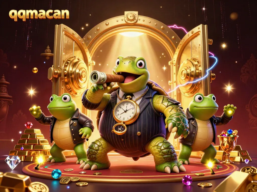 Engage with qqmacan's vibrant casino scene featuring a mobster turtle and bullfrog enforcers.