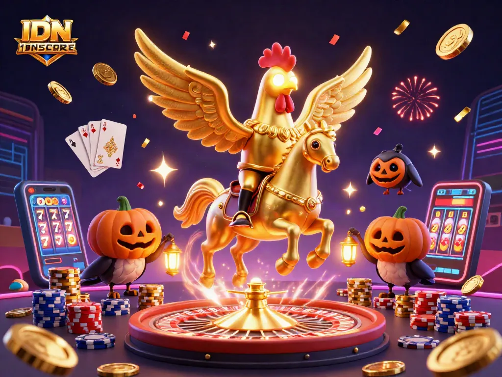 Win big with IDNSCORE in this vibrant 3D casino scene filled with golden rewards.